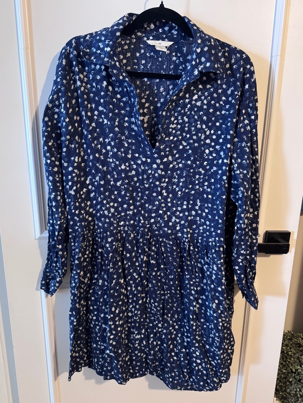 H&M Navy Blue Floral Long-Sleeve Smock Dress